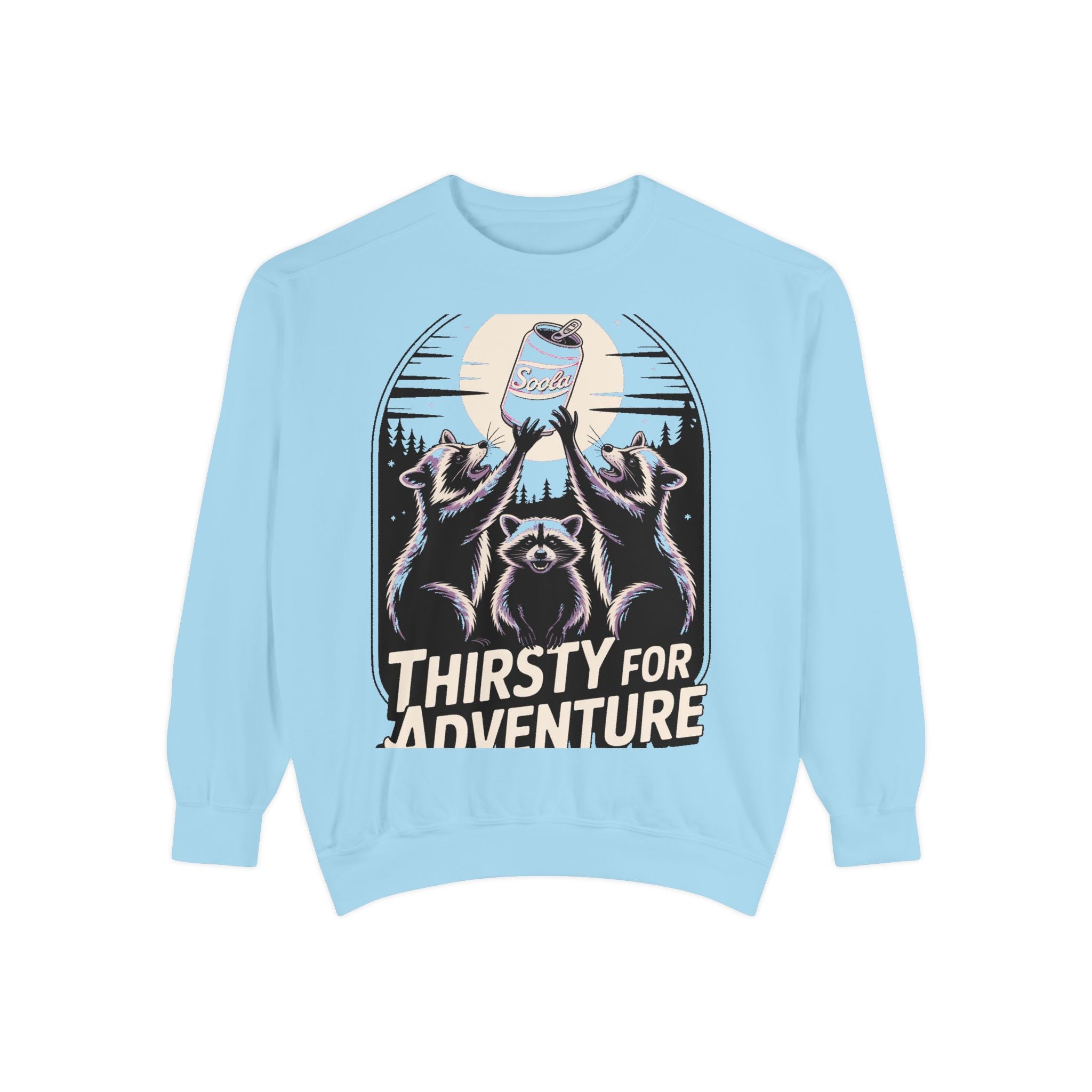 Thirsty For Adventure Raccoons Sweatshirt, Funny Vintage Poster Crewneck, Retro Raccoon Graphic Sweatshirt Gift