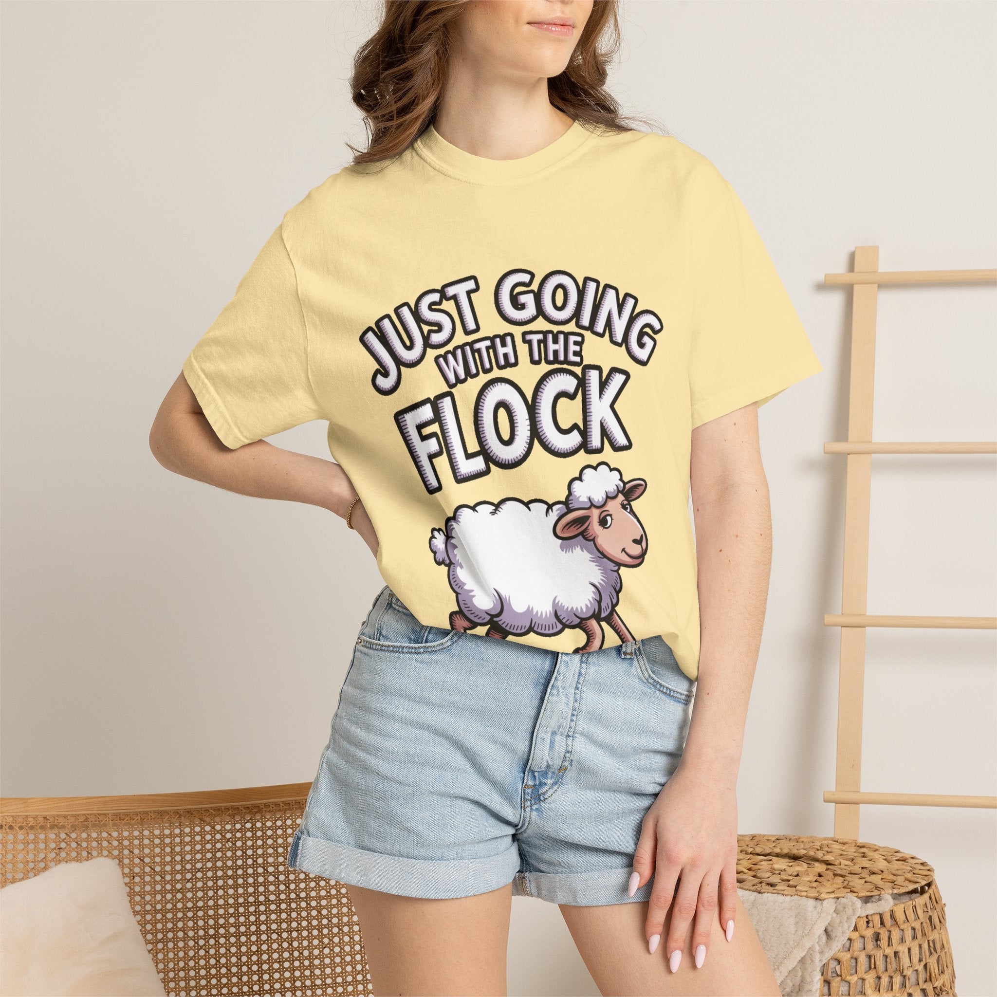 Funny Sheep T-Shirt, 'Just Going With The Flock' Shirt, Cute Cartoon Sheep Tee, Sarcastic Gift for Introverts