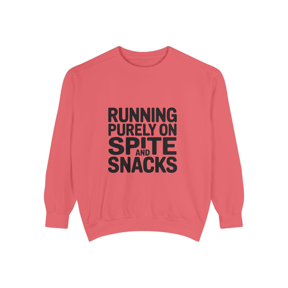 Running On Spite And Snacks Sweatshirt, Funny Sarcastic Crewneck, Embroidered-Look Bold Text Sweatshirt, Sarcastic Gift for Friend