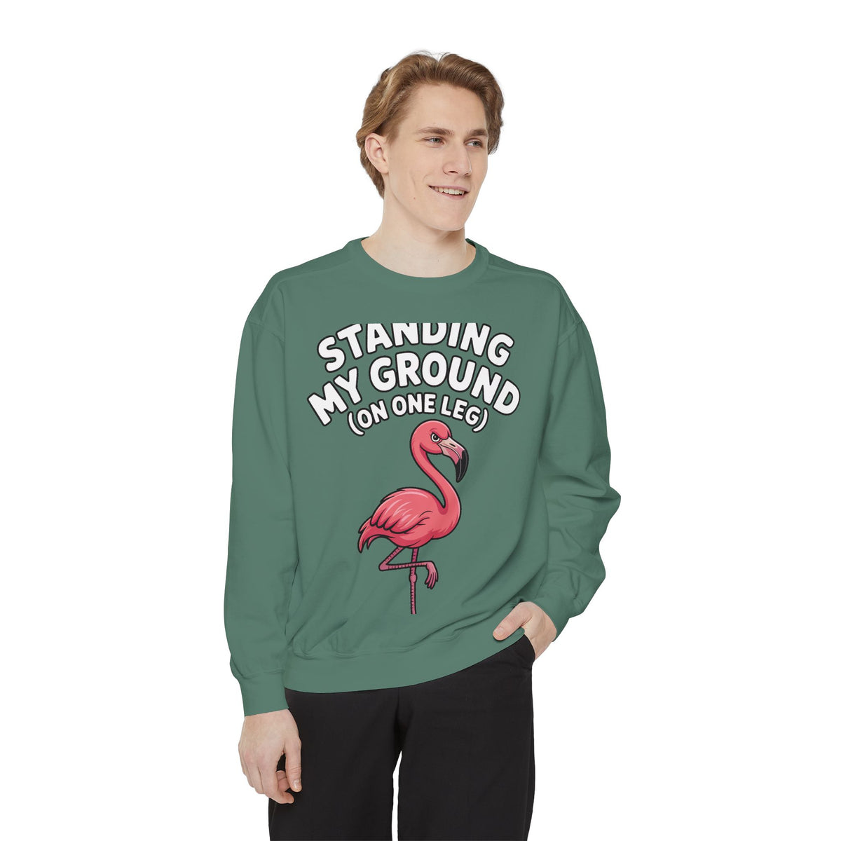 Standing My Ground Flamingo Sweatshirt, Funny One Leg Flamingo Crewneck, Sassy Bird Lover Gift, Embroidered Patch Style Sweatshirt