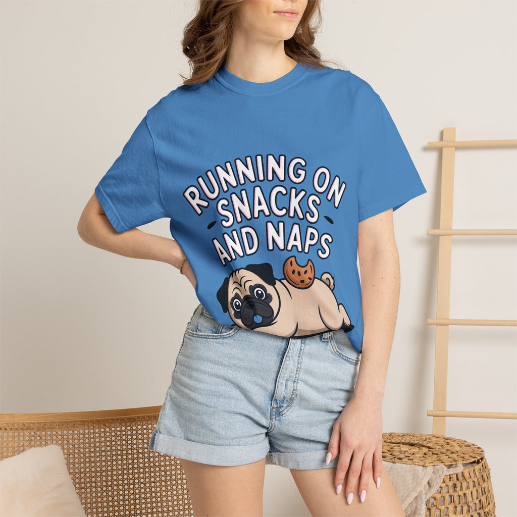 Funny Pug Shirt, Running On Snacks And Naps T-Shirt, Cute Pug Lover Gift, Napping Dog Tee, Lazy Dog Graphic Shirt