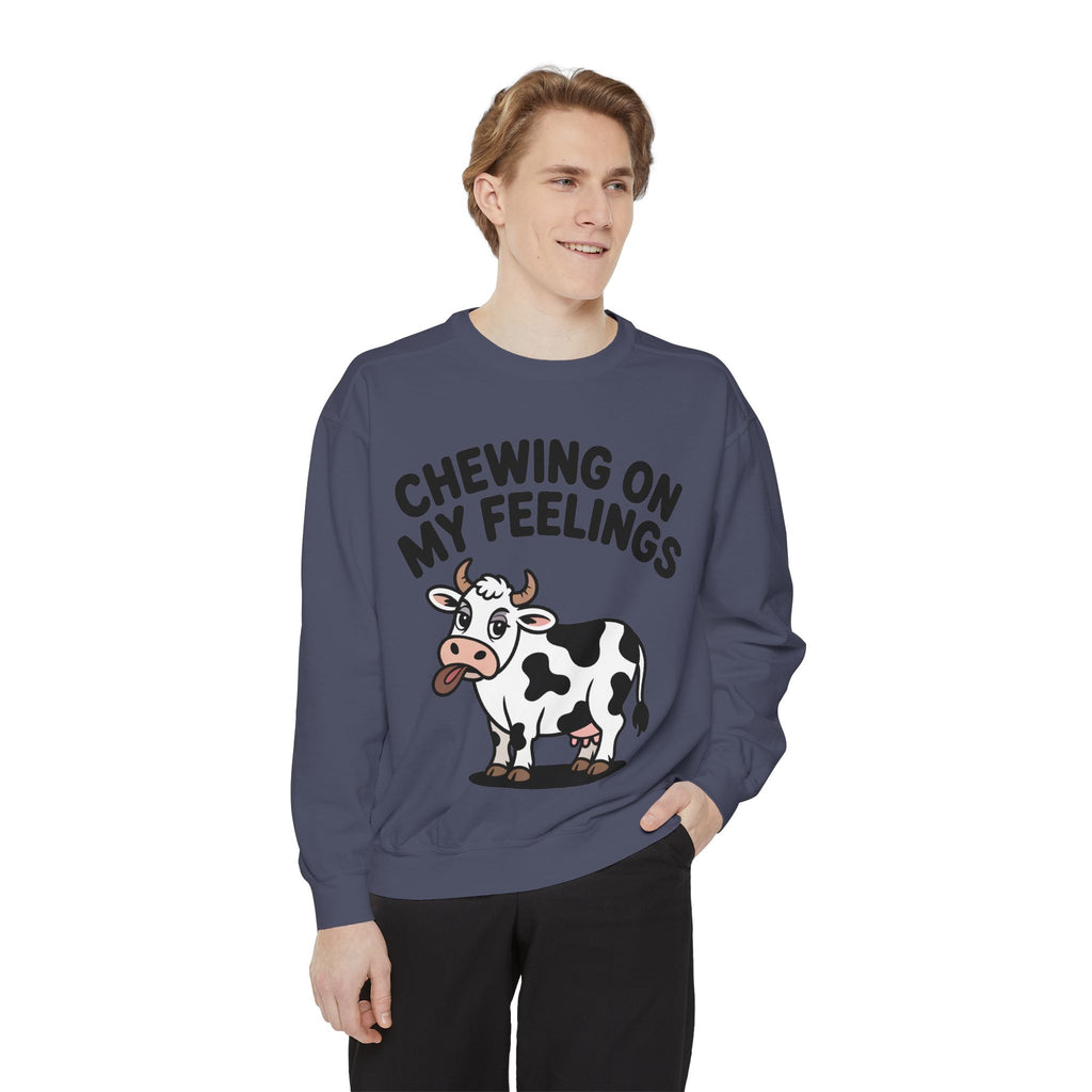 Chewing On My Feelings Sweatshirt, Funny Cow Crewneck, Cute Cow Lover Gift, Embroidered Style Cow Sweatshirt, Funny Farm Animal Shirt