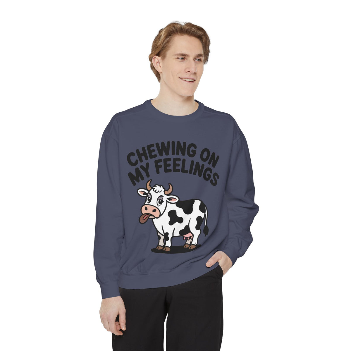 Chewing On My Feelings Sweatshirt, Funny Cow Crewneck, Cute Cow Lover Gift, Embroidered Style Cow Sweatshirt, Funny Farm Animal Shirt