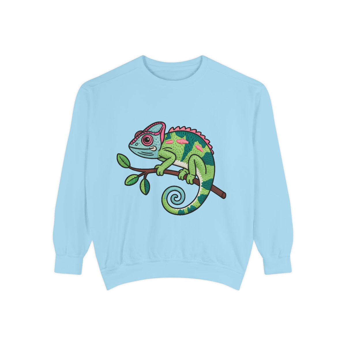 Chameleon Sweatshirt, Cute Embroidered Patch Style Crewneck, Reptile Lover Gift, Garment Dyed Sweatshirt for Nature Lovers