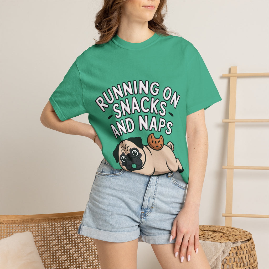 Funny Pug Shirt, Running On Snacks And Naps T-Shirt, Cute Pug Lover Gift, Napping Dog Tee, Lazy Dog Graphic Shirt