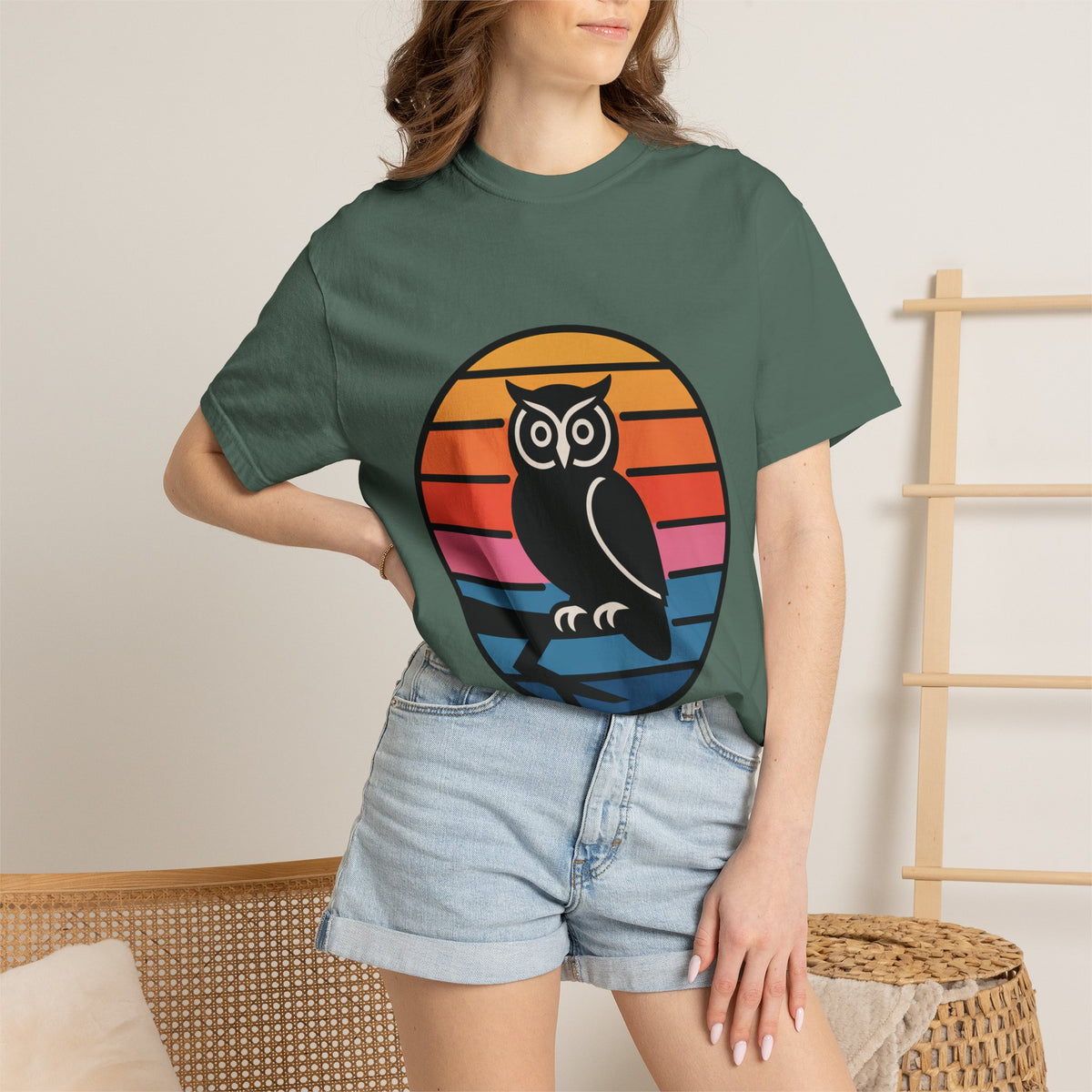 Retro Sunset Owl Badge T-Shirt