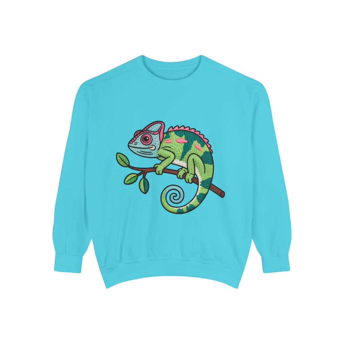Chameleon Sweatshirt, Cute Embroidered Patch Style Crewneck, Reptile Lover Gift, Garment Dyed Sweatshirt for Nature Lovers