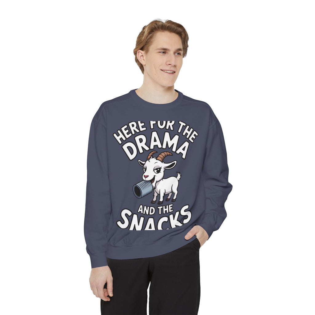 Funny Goat Sweatshirt, Here For The Drama And The Snacks Crewneck, Cute Goat Lover Gift, Embroidered Patch Style Sweatshirt