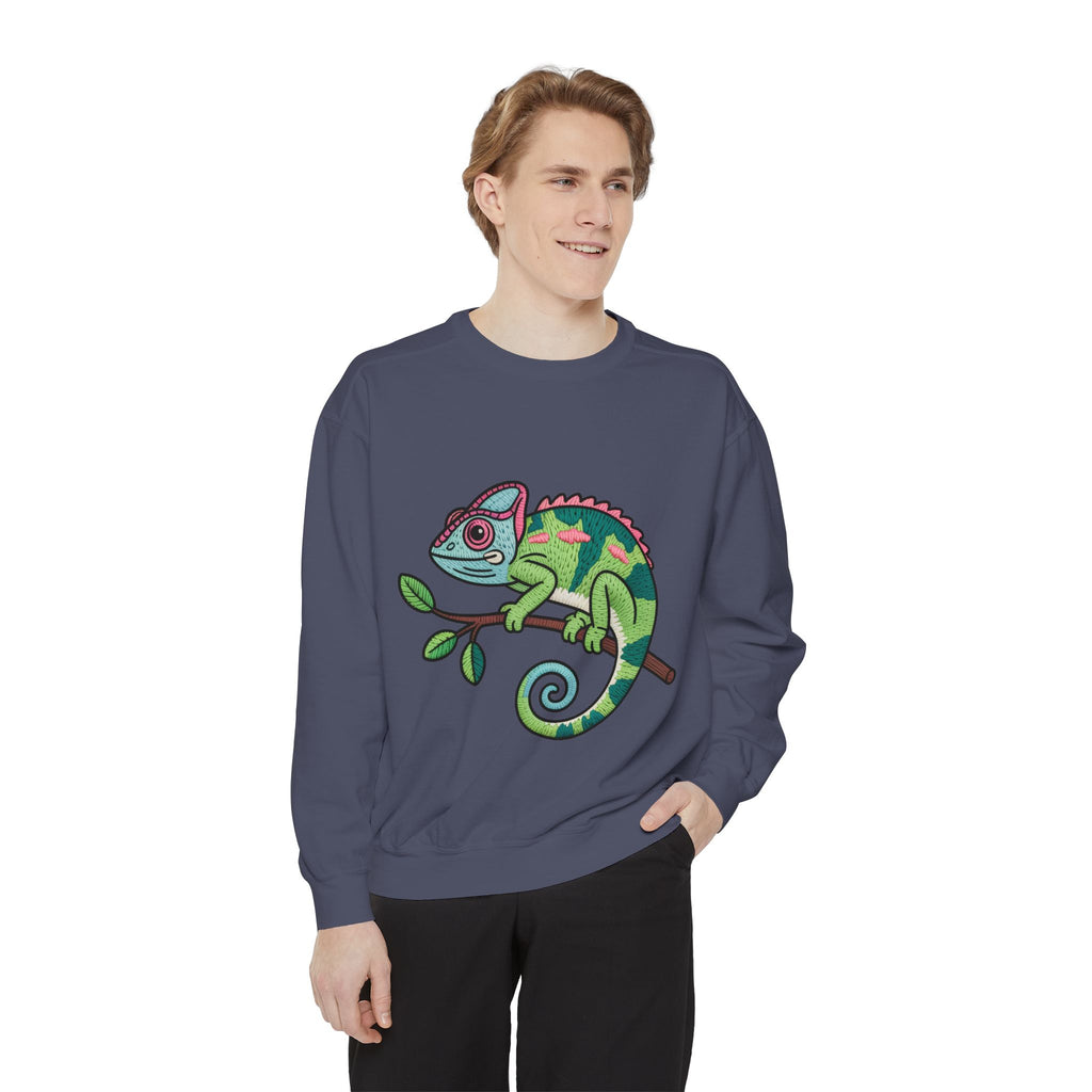 Chameleon Sweatshirt, Cute Embroidered Patch Style Crewneck, Reptile Lover Gift, Garment Dyed Sweatshirt for Nature Lovers