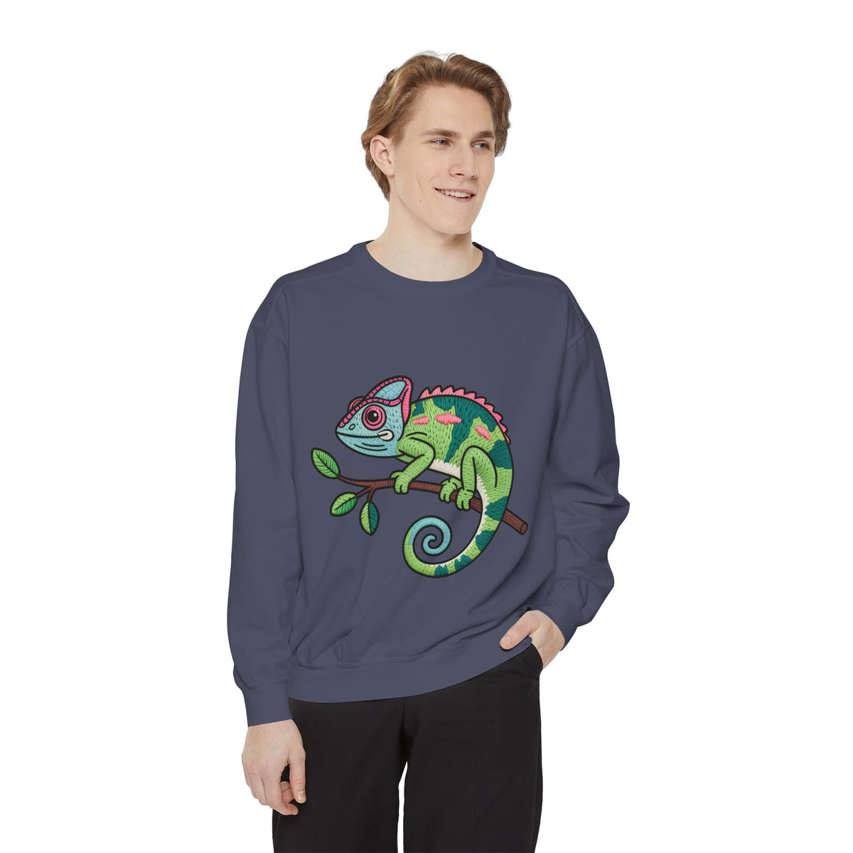 Chameleon Sweatshirt, Cute Embroidered Patch Style Crewneck, Reptile Lover Gift, Garment Dyed Sweatshirt for Nature Lovers