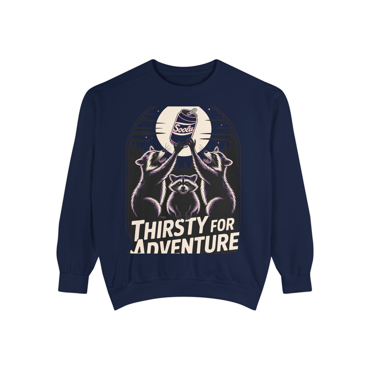 Thirsty For Adventure Raccoons Sweatshirt, Funny Vintage Poster Crewneck, Retro Raccoon Graphic Sweatshirt Gift