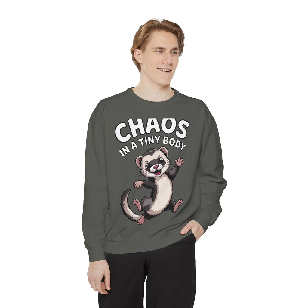 Funny Ferret Sweatshirt, Chaos In A Tiny Body Crewneck, Cute Ferret Lover Gift, Embroidered Style Ferret Sweatshirt For Pet Owners