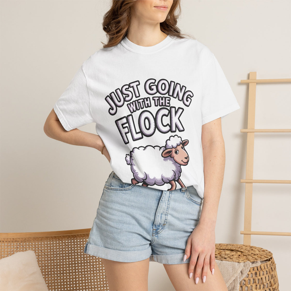 Funny Sheep T-Shirt, 'Just Going With The Flock' Shirt, Cute Cartoon Sheep Tee, Sarcastic Gift for Introverts