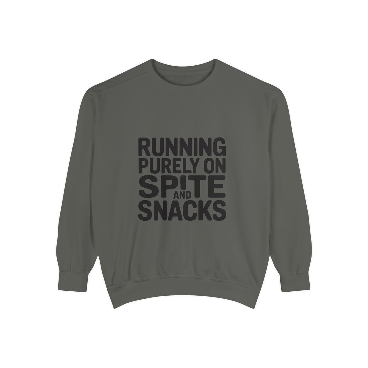 Running On Spite And Snacks Sweatshirt, Funny Sarcastic Crewneck, Embroidered-Look Bold Text Sweatshirt, Sarcastic Gift for Friend
