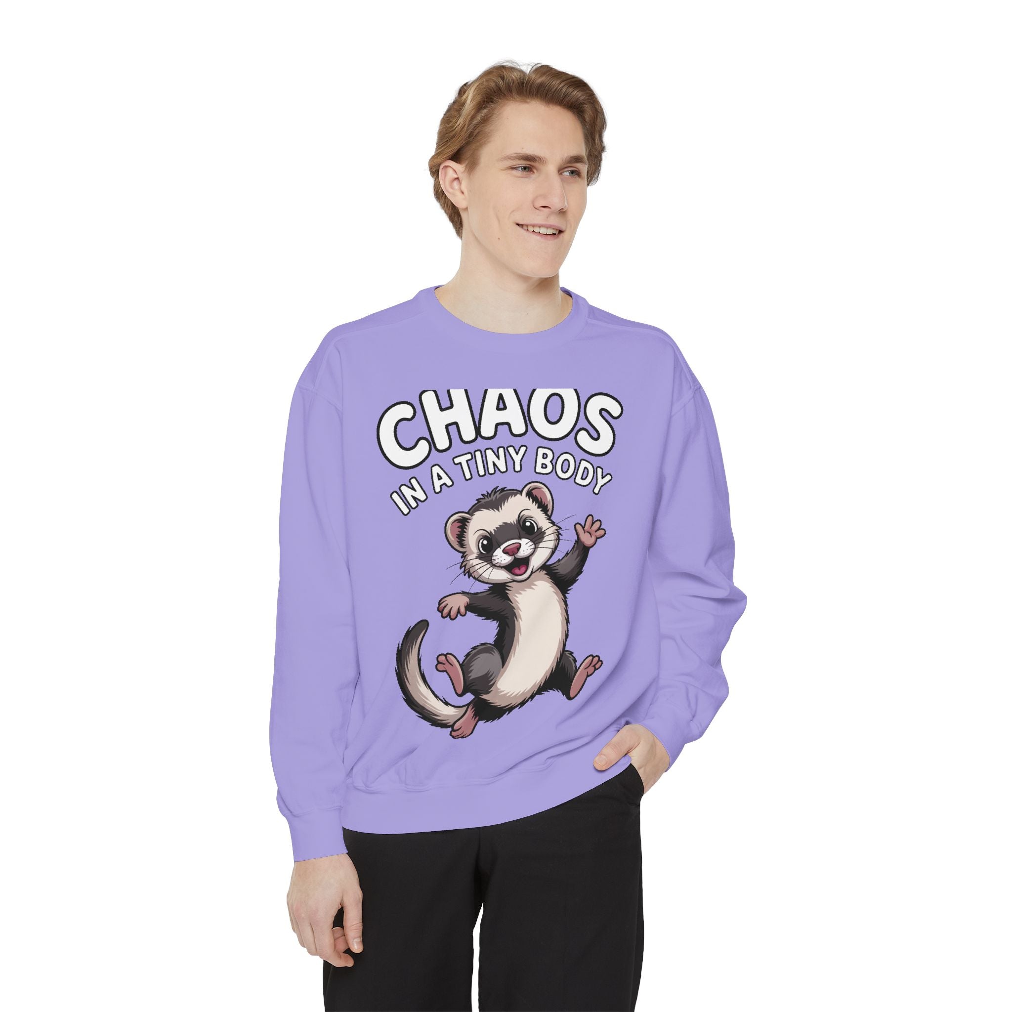 Funny Ferret Sweatshirt, Chaos In A Tiny Body Crewneck, Cute Ferret Lover Gift, Embroidered Style Ferret Sweatshirt For Pet Owners