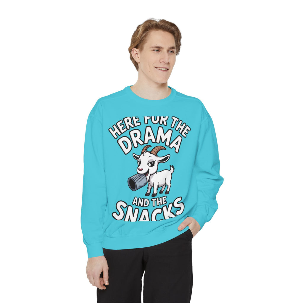 Funny Goat Sweatshirt, Here For The Drama And The Snacks Crewneck, Cute Goat Lover Gift, Embroidered Patch Style Sweatshirt