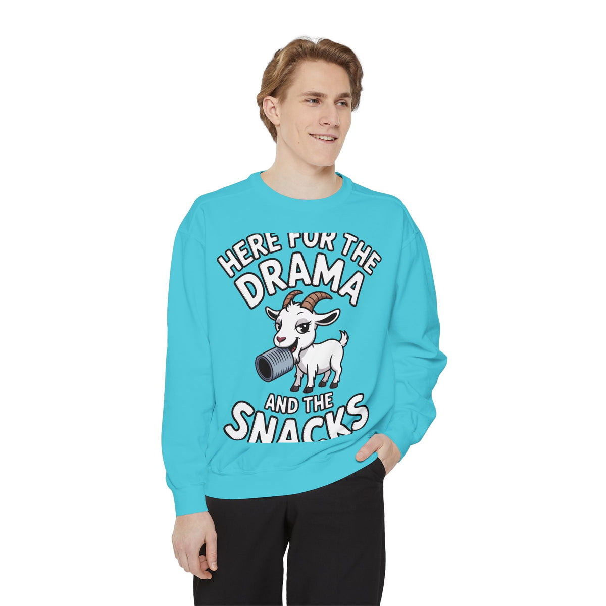 Funny Goat Sweatshirt, Here For The Drama And The Snacks Crewneck, Cute Goat Lover Gift, Embroidered Patch Style Sweatshirt