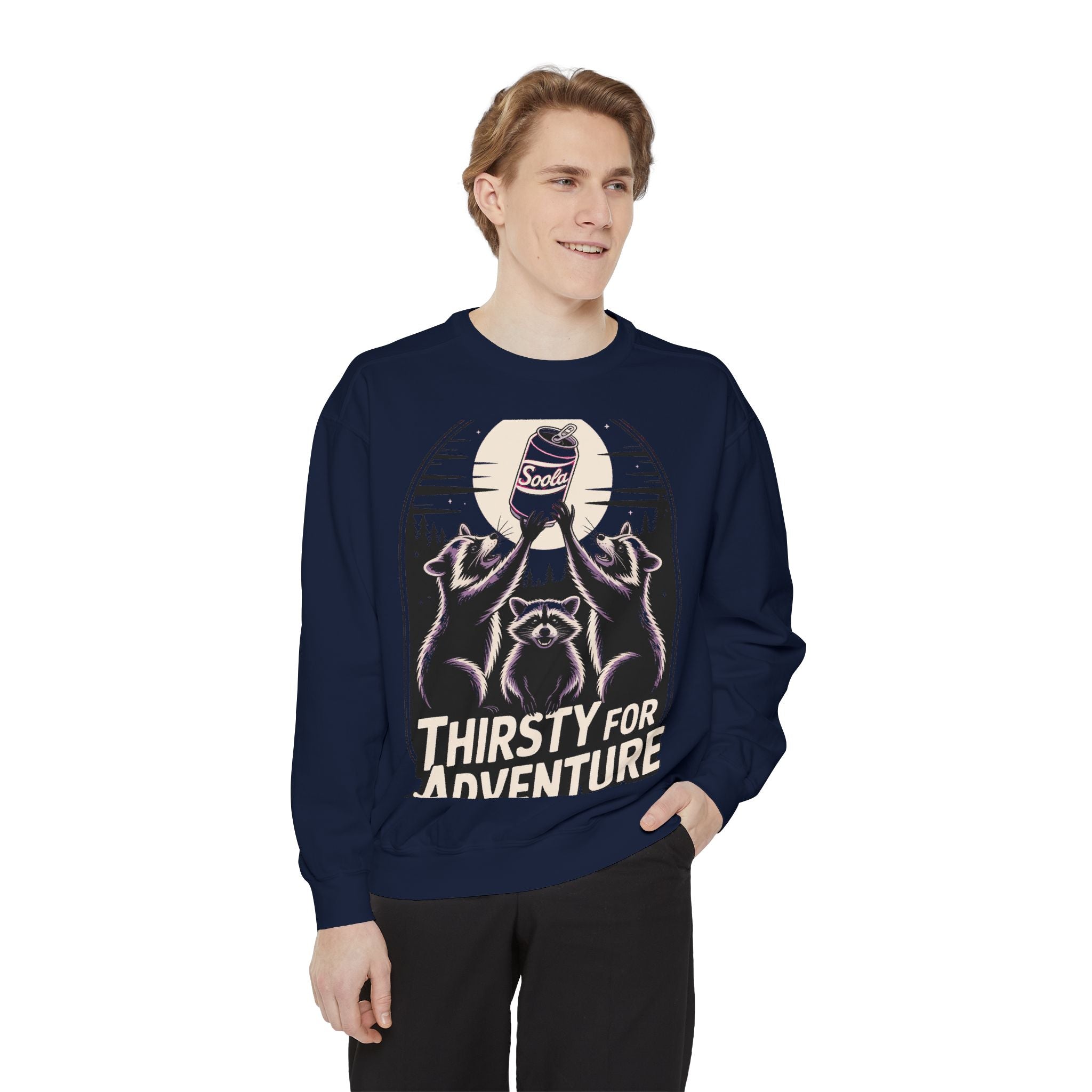 Thirsty For Adventure Raccoons Sweatshirt, Funny Vintage Poster Crewneck, Retro Raccoon Graphic Sweatshirt Gift