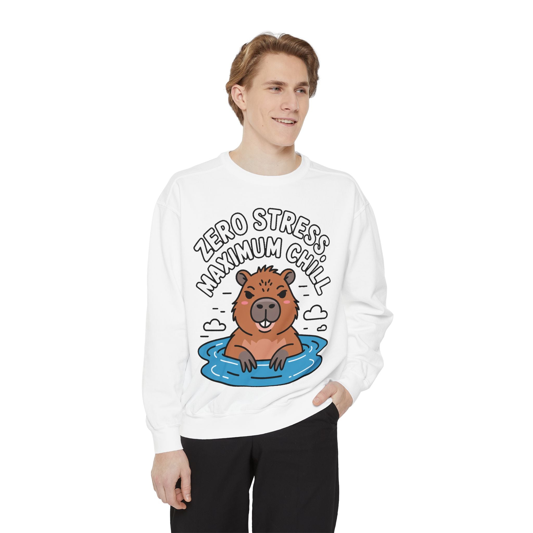 Zero Stress Capybara Sweatshirt, Funny Hot Spring Capybara Crewneck, Cute Chill Animal Gift, Garment Dyed Embroidered Sweatshirt