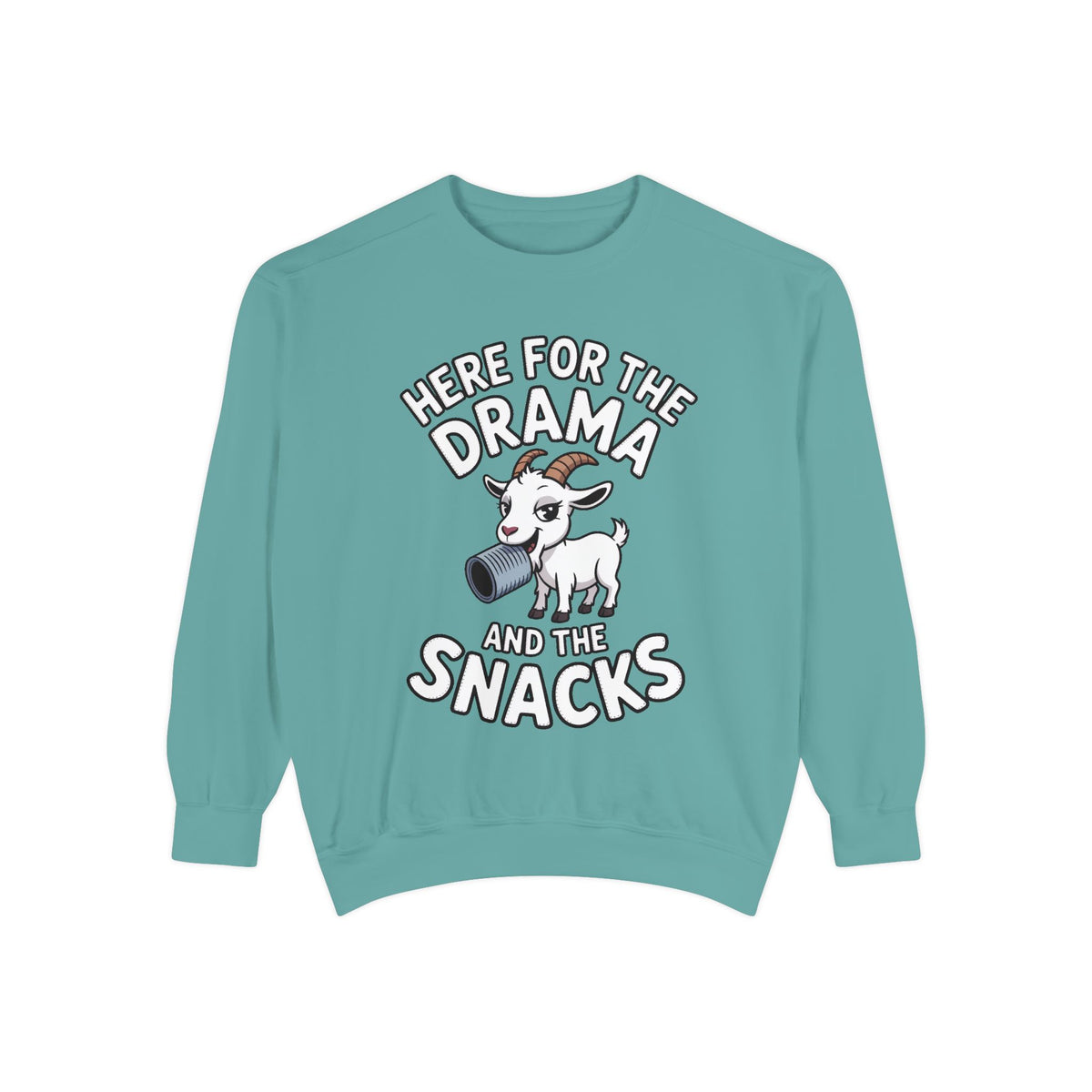 Funny Goat Sweatshirt, Here For The Drama And The Snacks Crewneck, Cute Goat Lover Gift, Embroidered Patch Style Sweatshirt