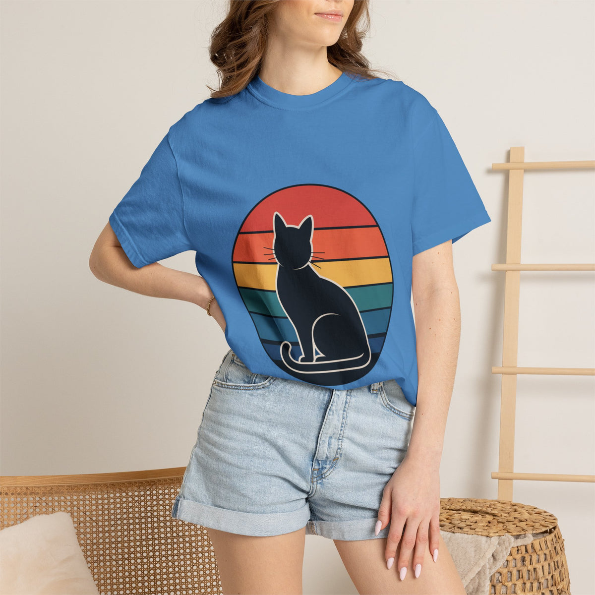 Retro Sunset Cat Badge T-Shirt