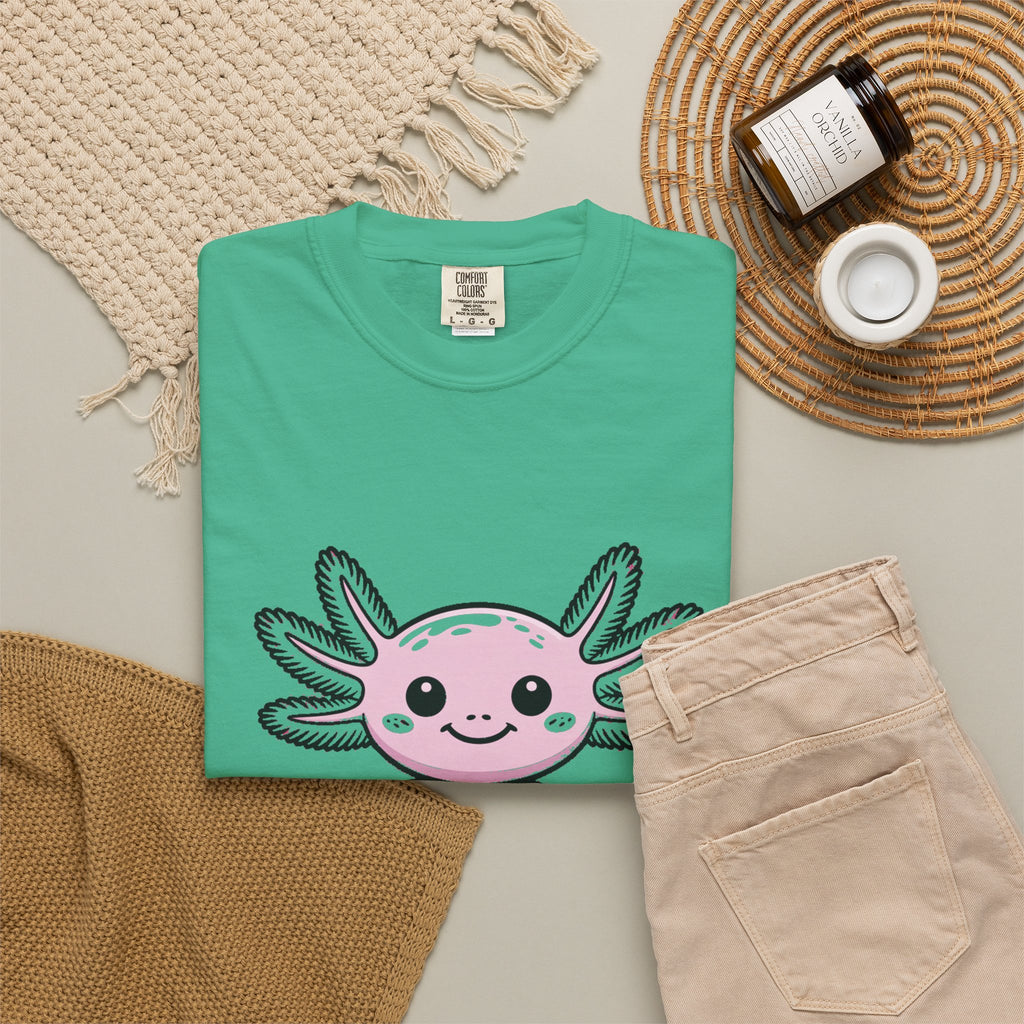 Cute Axolotl Shirt, Smiling Axolotl T-Shirt, Kawaii Axolotl Lover Gift, Garment Dyed Unisex Tee
