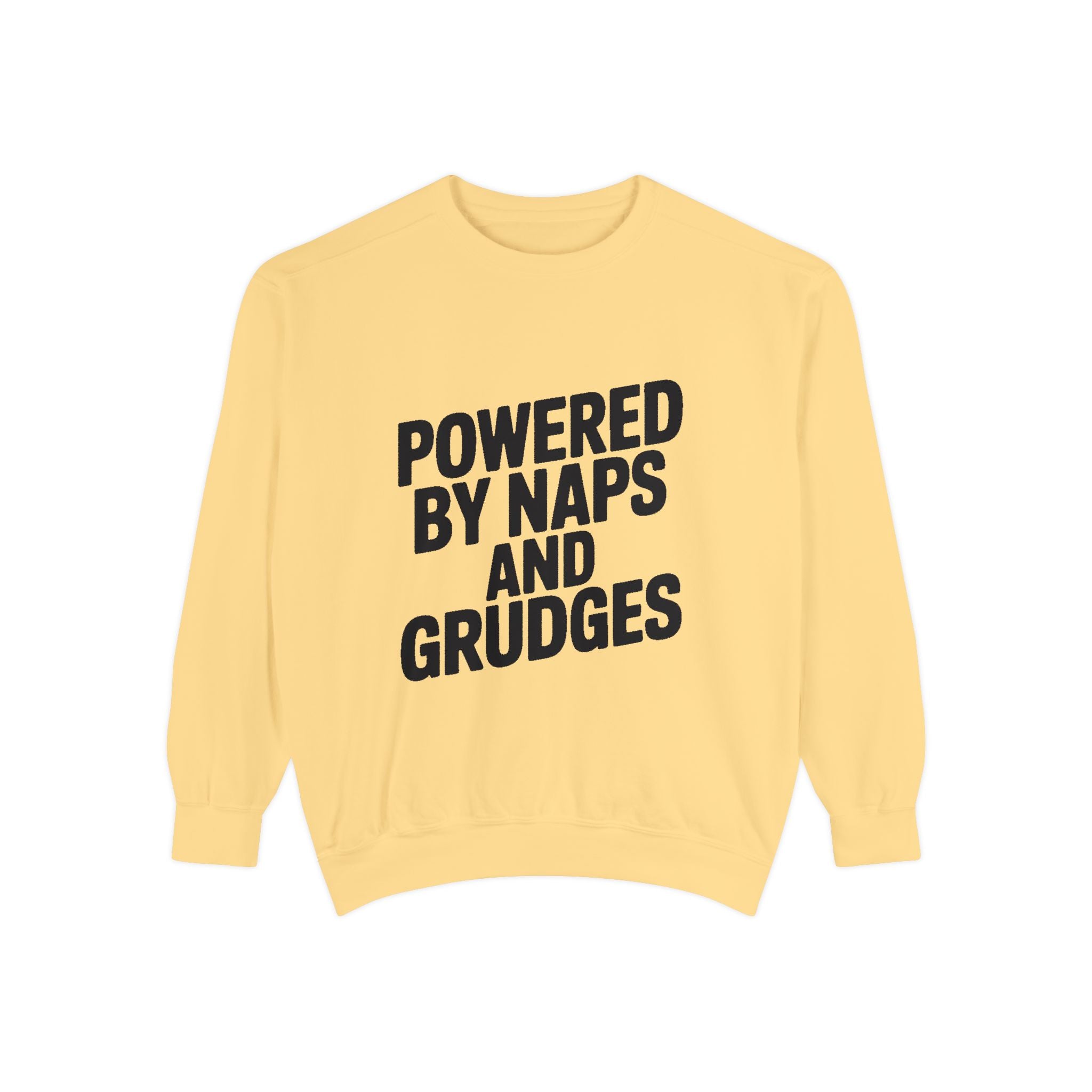 Powered By Naps And Grudges Sweatshirt, Funny Sarcastic Crewneck, Embroidered-Look Graphic Sweatshirt, Sarcasm Lover Gift