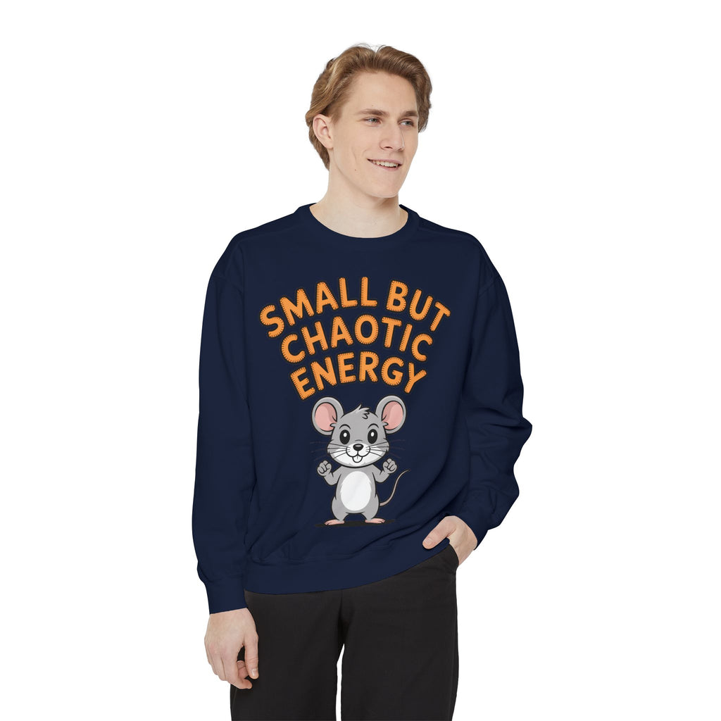 Small But Chaotic Energy Sweatshirt, Funny Mouse Crewneck, Cute Cartoon Mouse Sweatshirt, Embroidered Patch Style Gift