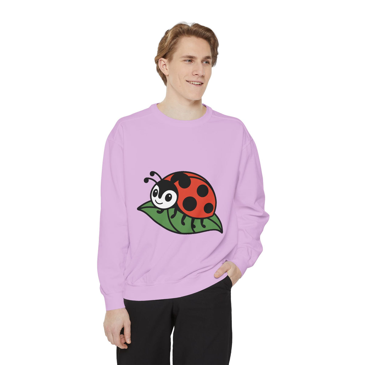 Ladybug Sweatshirt, Cute Embroidered Ladybug On Leaf Crewneck, Garden Lover Gift, Nature Sweatshirt