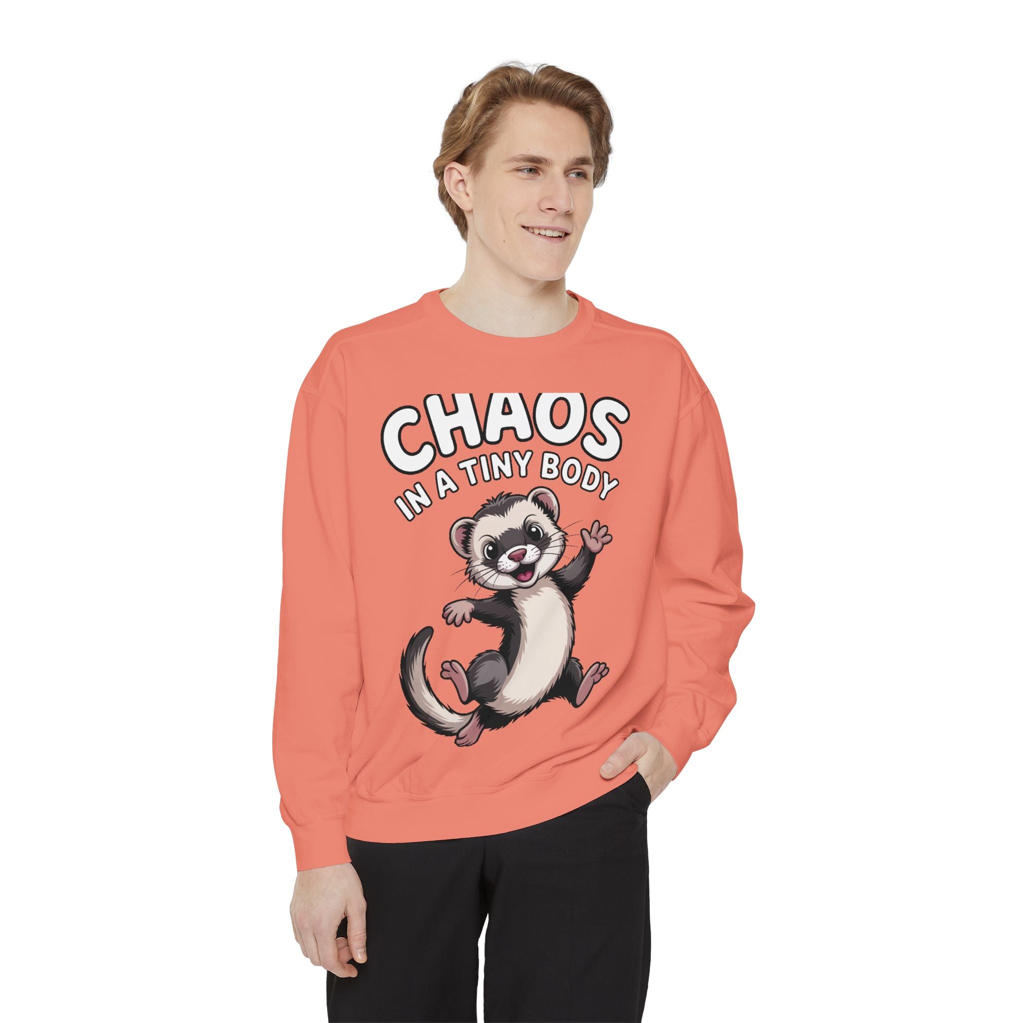 Funny Ferret Sweatshirt, Chaos In A Tiny Body Crewneck, Cute Ferret Lover Gift, Embroidered Style Ferret Sweatshirt For Pet Owners