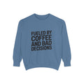 Fueled By Coffee And Bad Decisions Sweatshirt, Funny Embroidered Crewneck, Sarcastic Coffee Lover Gift, Trendy Minimalist Pullover