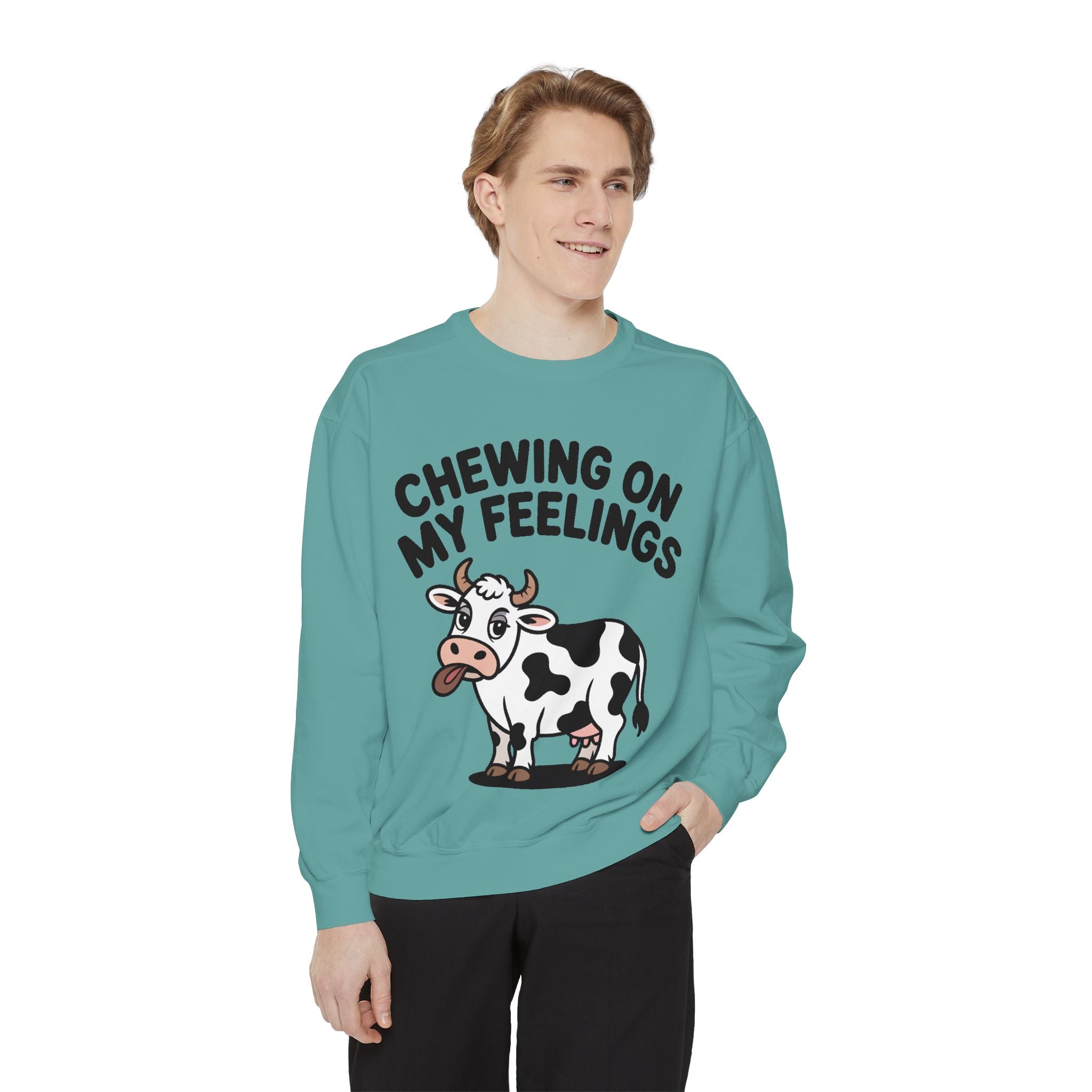 Chewing On My Feelings Sweatshirt, Funny Cow Crewneck, Cute Cow Lover Gift, Embroidered Style Cow Sweatshirt, Funny Farm Animal Shirt