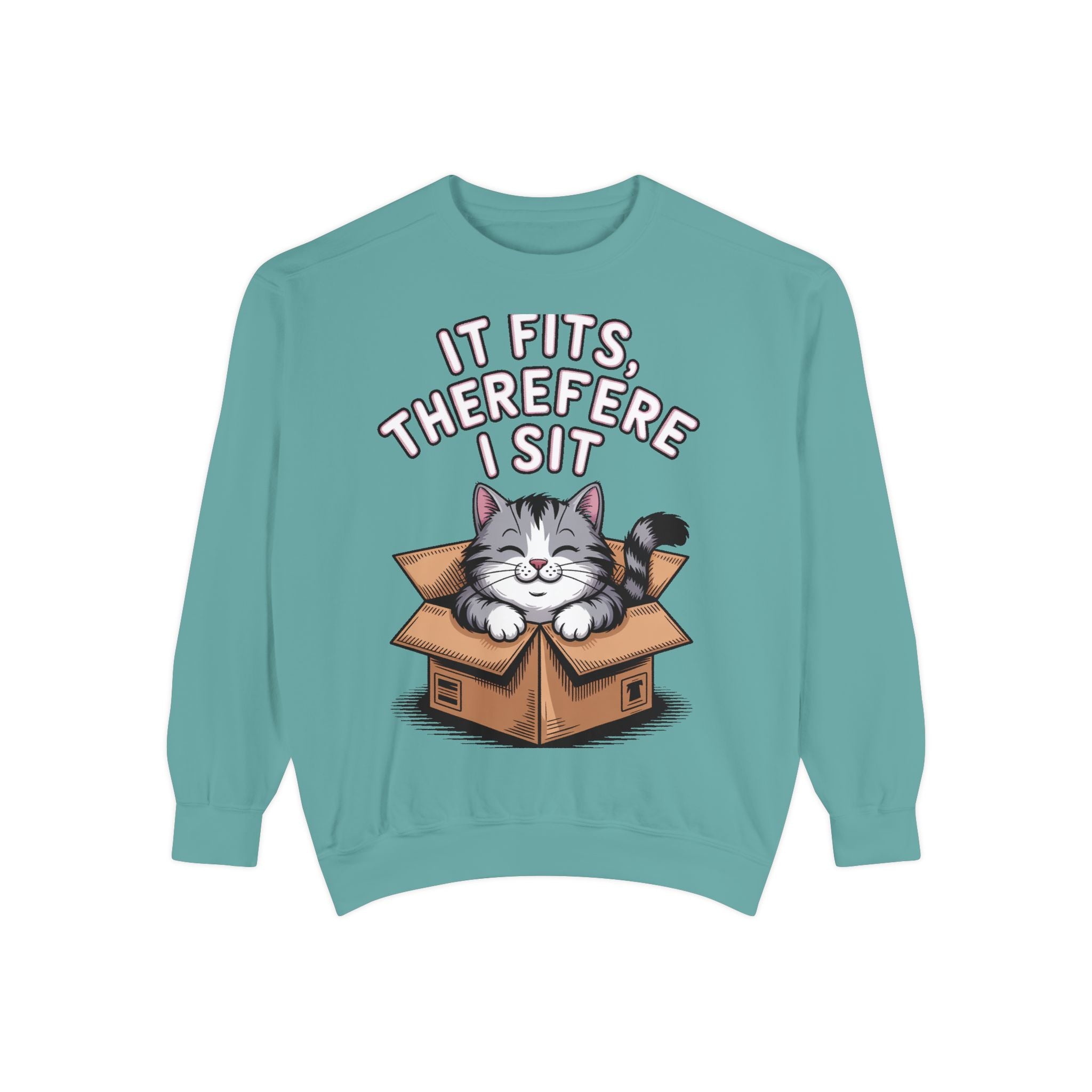 Funny Cat Sweatshirt, It Fits Therefore I Sit Crewneck, Cat In Box Embroidered Sweatshirt, Cat Lover Gift, Funny Cat Lover Sweater