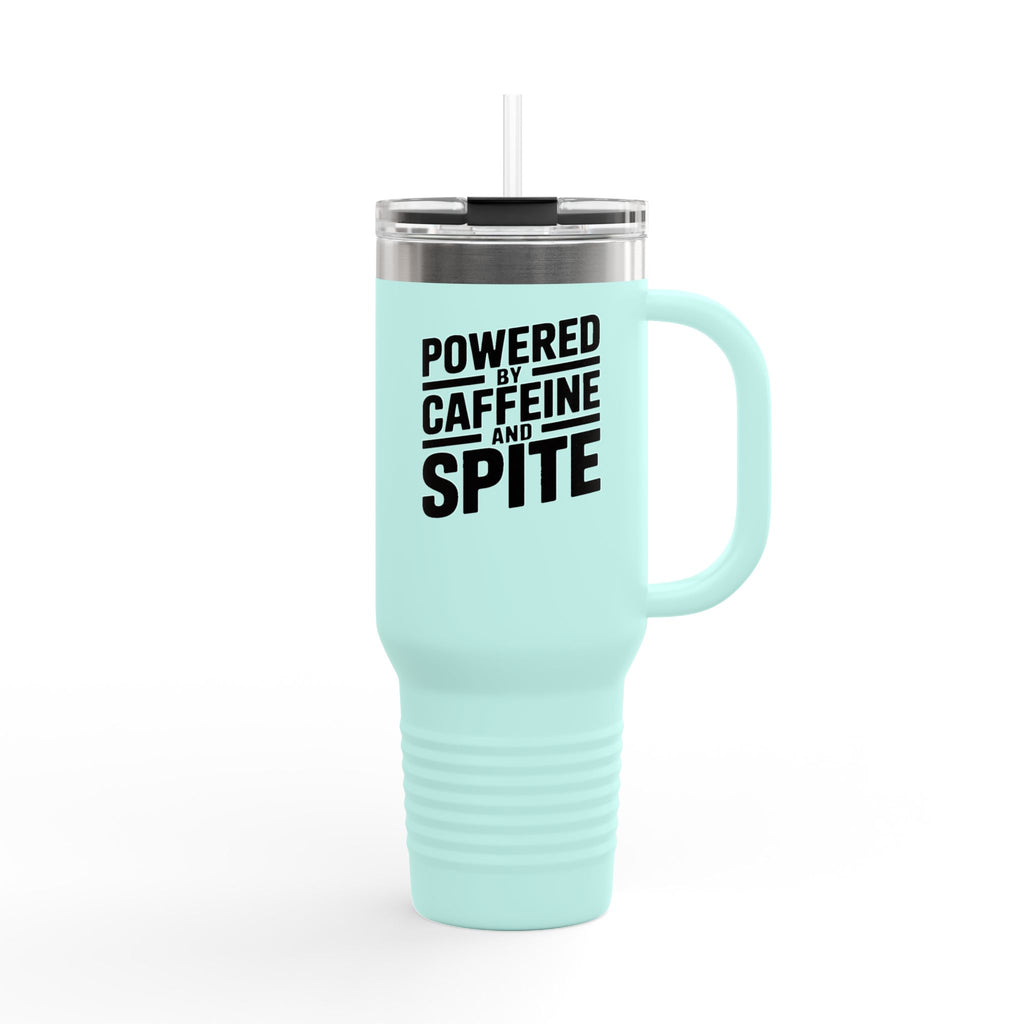Powered By Caffeine And Spite Tumbler, Funny Sarcastic 40oz Travel Mug, Snarky Coffee Cup Gift, Bold Typography Quote Tumbler
