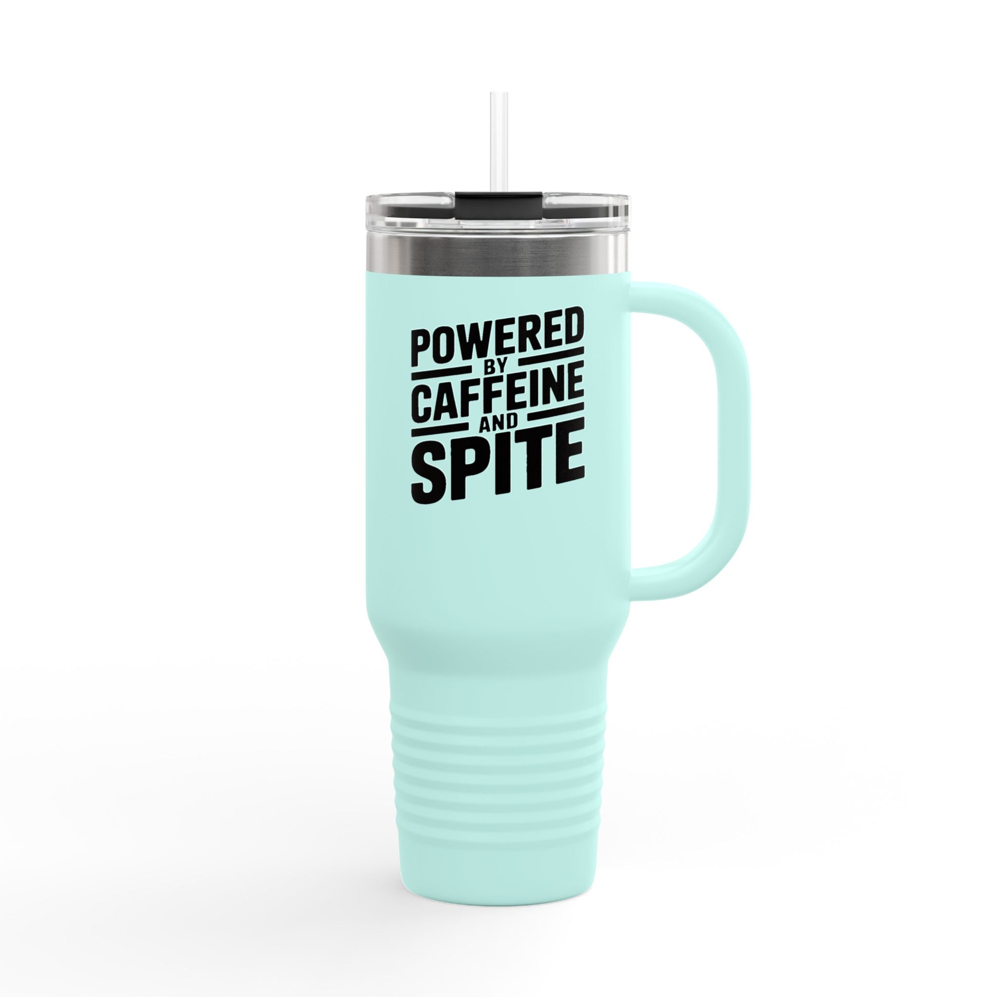 Powered By Caffeine And Spite Tumbler, Funny Sarcastic 40oz Travel Mug, Snarky Coffee Cup Gift, Bold Typography Quote Tumbler