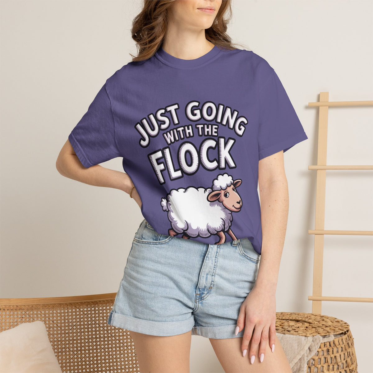 Funny Sheep T-Shirt, 'Just Going With The Flock' Shirt, Cute Cartoon Sheep Tee, Sarcastic Gift for Introverts