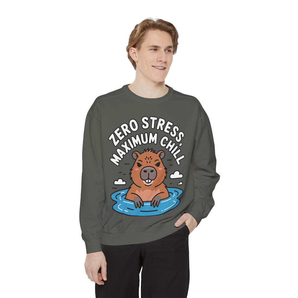 Zero Stress Capybara Sweatshirt, Funny Hot Spring Capybara Crewneck, Cute Chill Animal Gift, Garment Dyed Embroidered Sweatshirt
