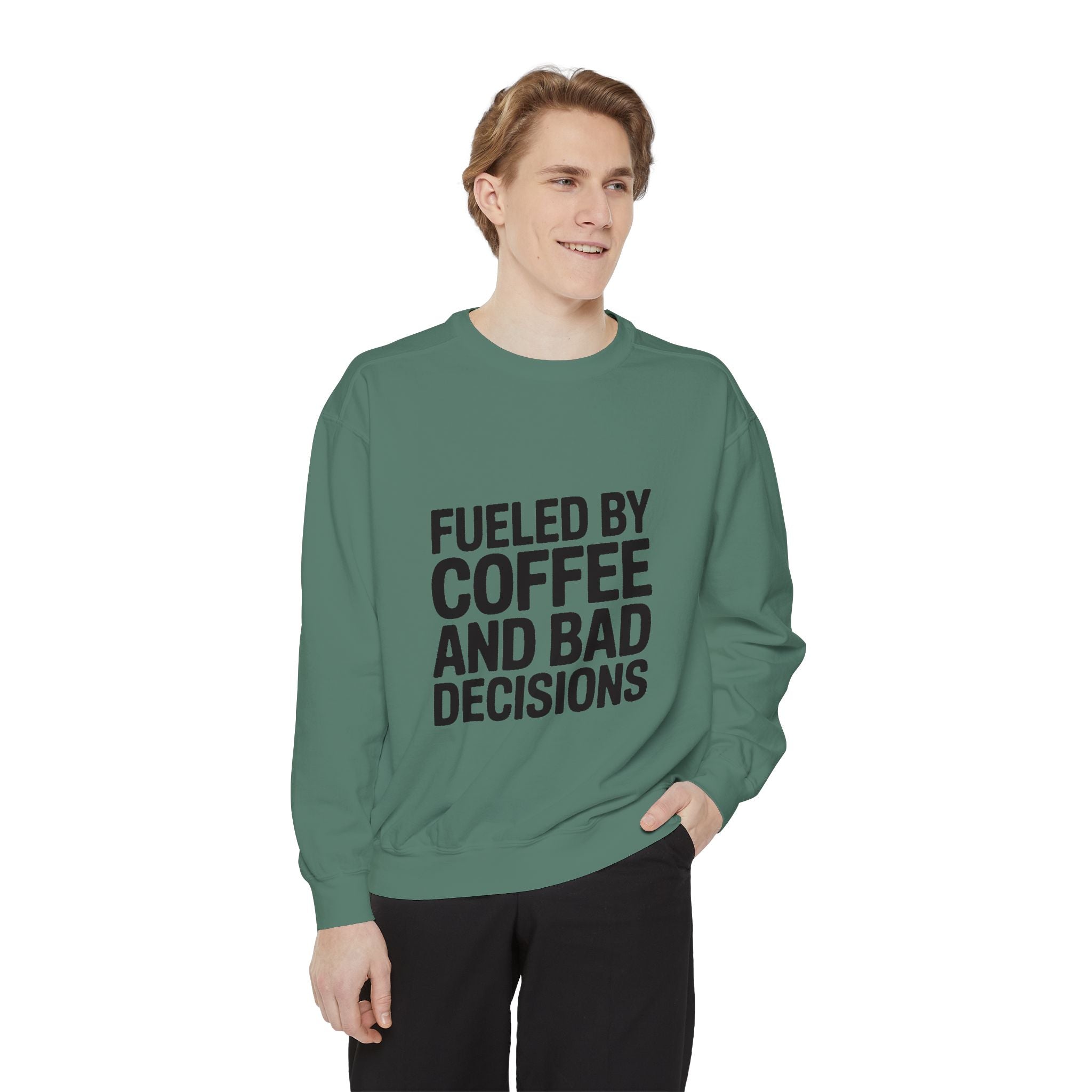 Fueled By Coffee And Bad Decisions Sweatshirt, Funny Embroidered Crewneck, Sarcastic Coffee Lover Gift, Trendy Minimalist Pullover