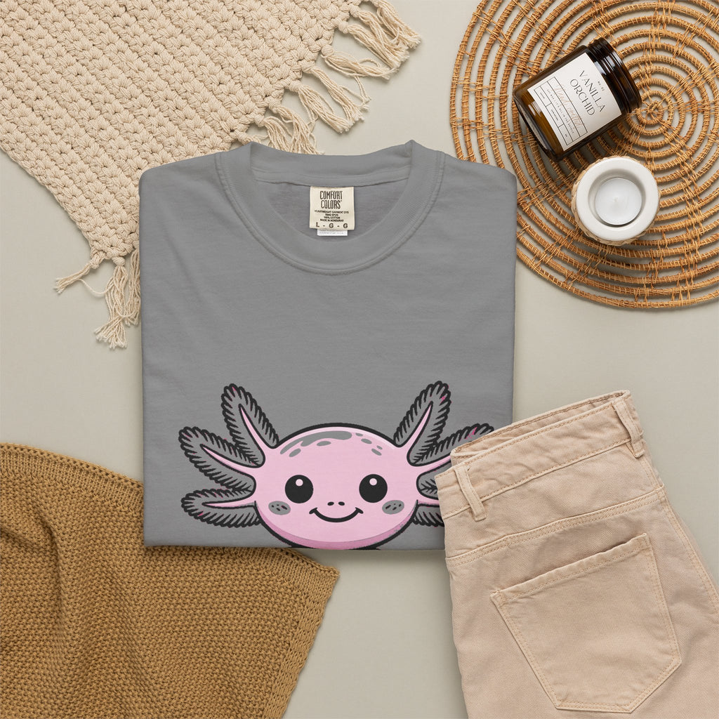 Cute Axolotl Shirt, Smiling Axolotl T-Shirt, Kawaii Axolotl Lover Gift, Garment Dyed Unisex Tee