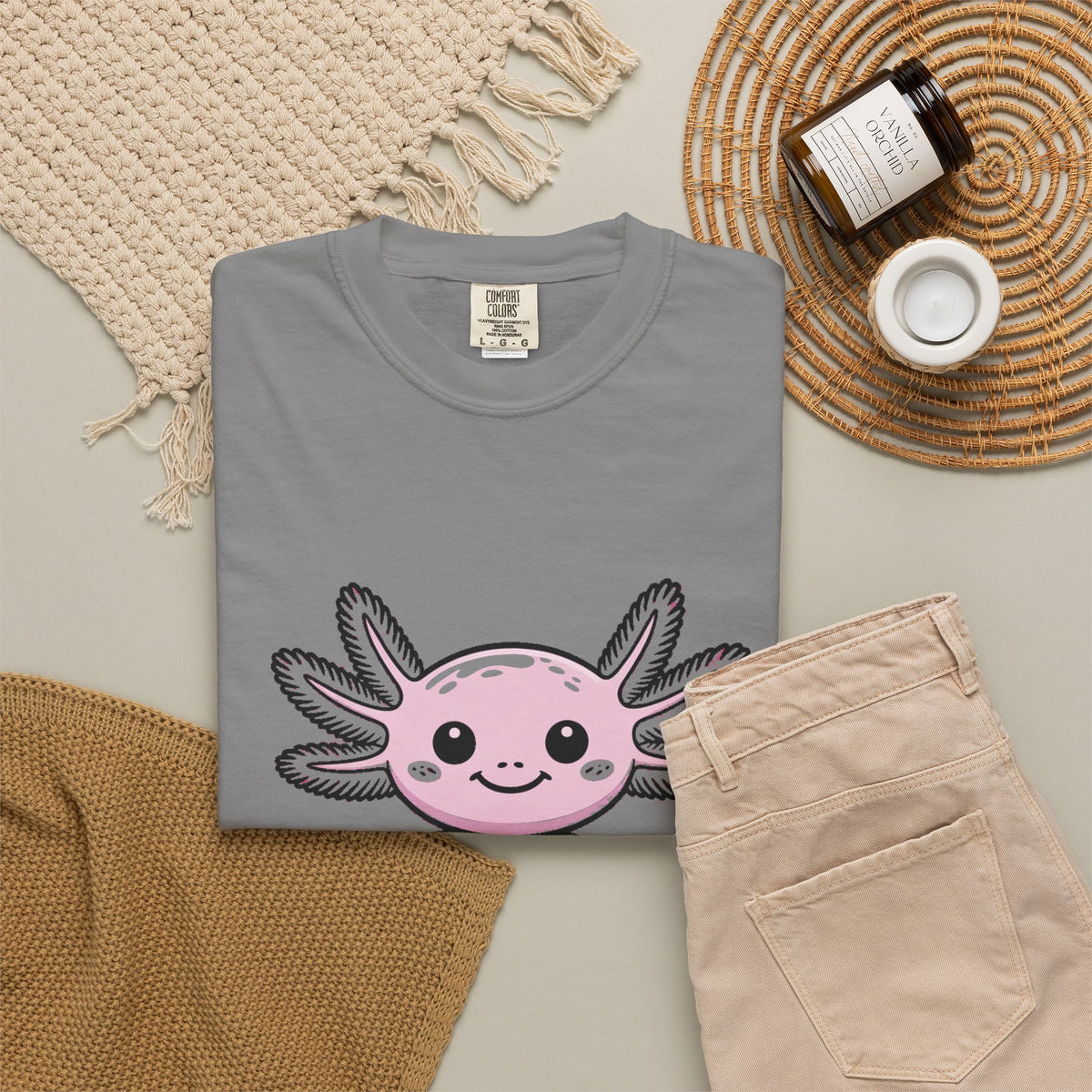 Cute Axolotl Shirt, Smiling Axolotl T-Shirt, Kawaii Axolotl Lover Gift, Garment Dyed Unisex Tee