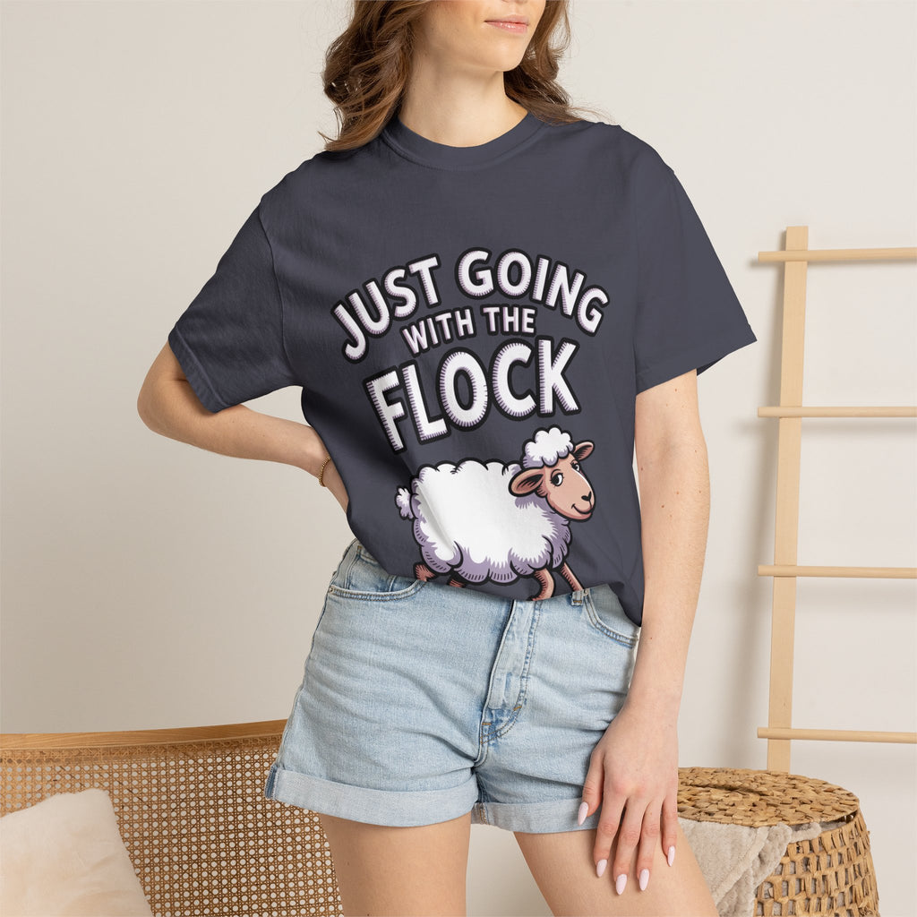Funny Sheep T-Shirt, 'Just Going With The Flock' Shirt, Cute Cartoon Sheep Tee, Sarcastic Gift for Introverts