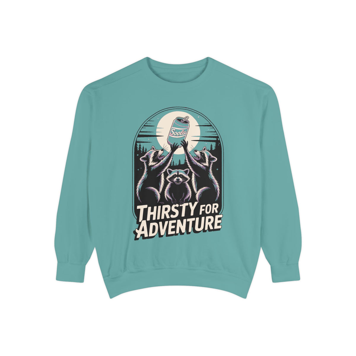 Thirsty For Adventure Raccoons Sweatshirt, Funny Vintage Poster Crewneck, Retro Raccoon Graphic Sweatshirt Gift