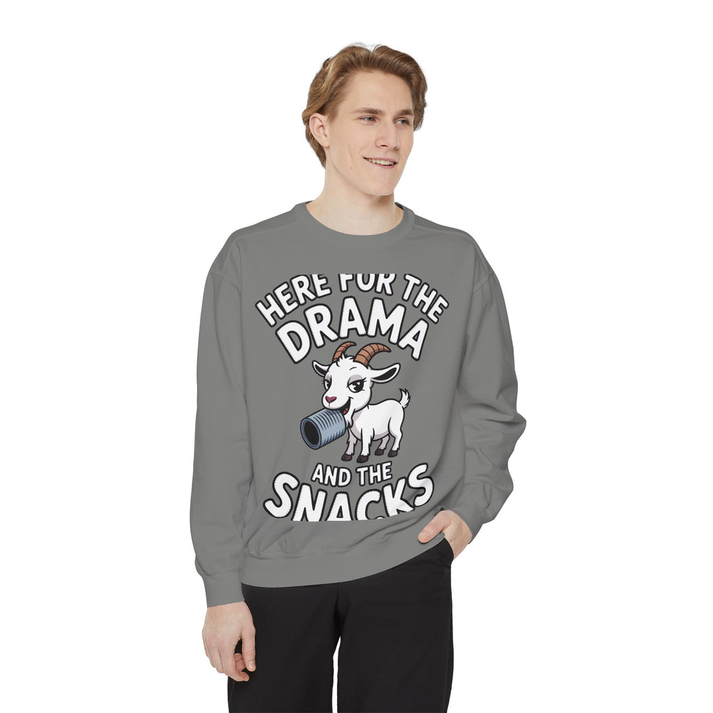 Funny Goat Sweatshirt, Here For The Drama And The Snacks Crewneck, Cute Goat Lover Gift, Embroidered Patch Style Sweatshirt