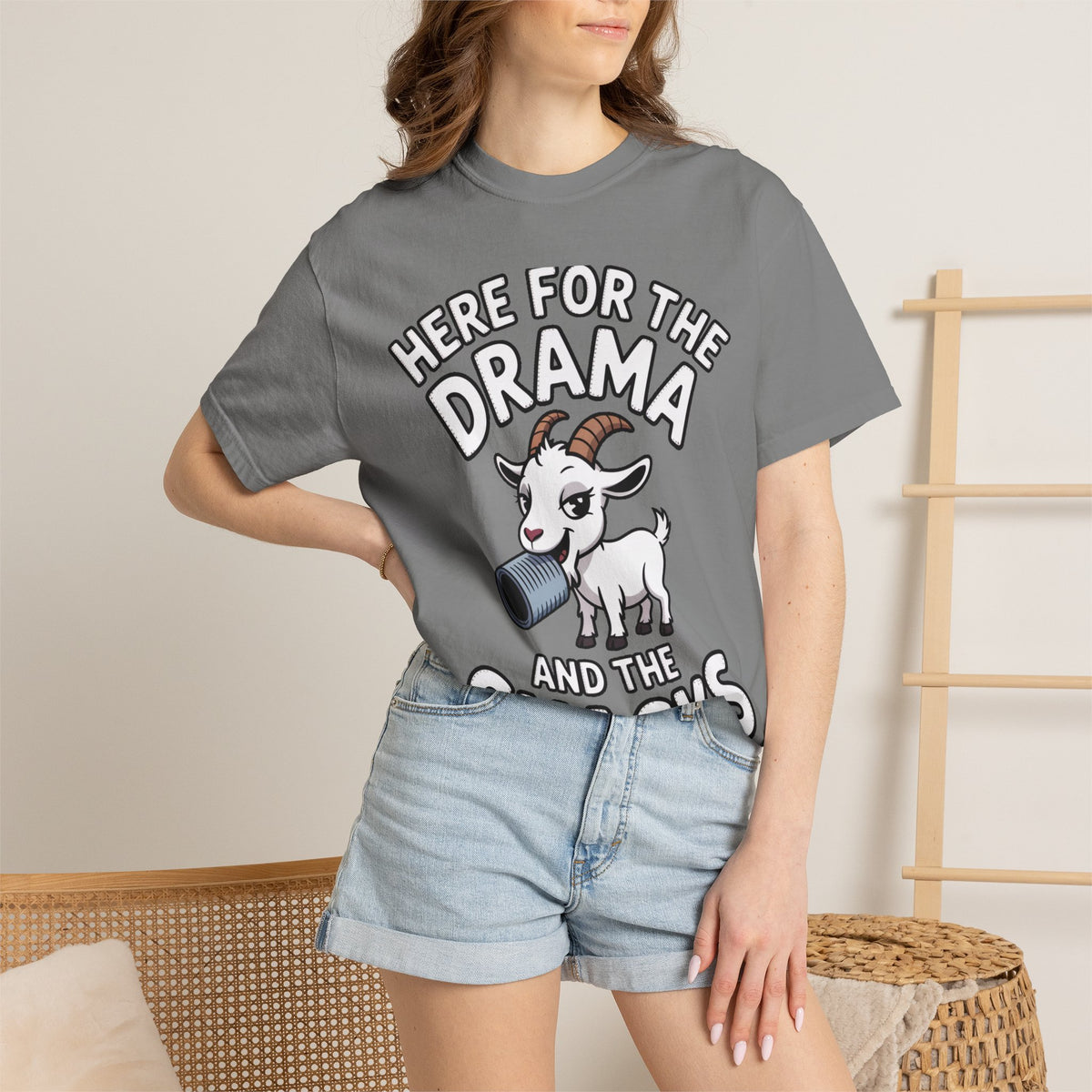 Funny Goat Shirt, Here For The Drama And The Snacks T-Shirt, Cute Goat Lover Gift, Sarcastic Farm Animal Tee