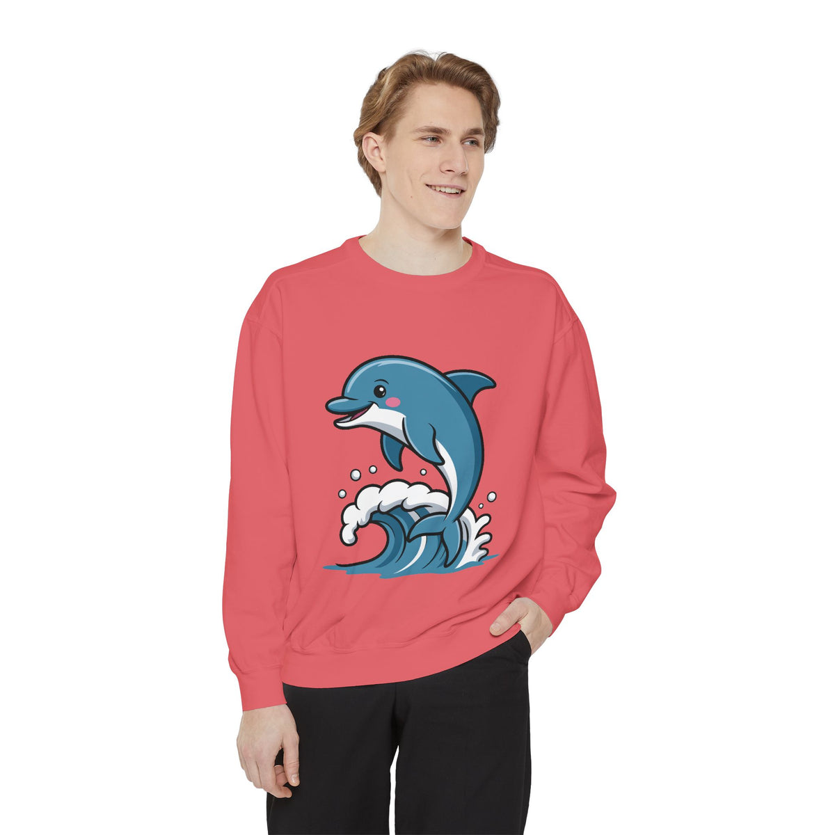 Cute Dolphin Sweatshirt, Embroidered Wave Crewneck, Ocean Lover Gift, Garment Dyed Beach Sweatshirt for Women Men