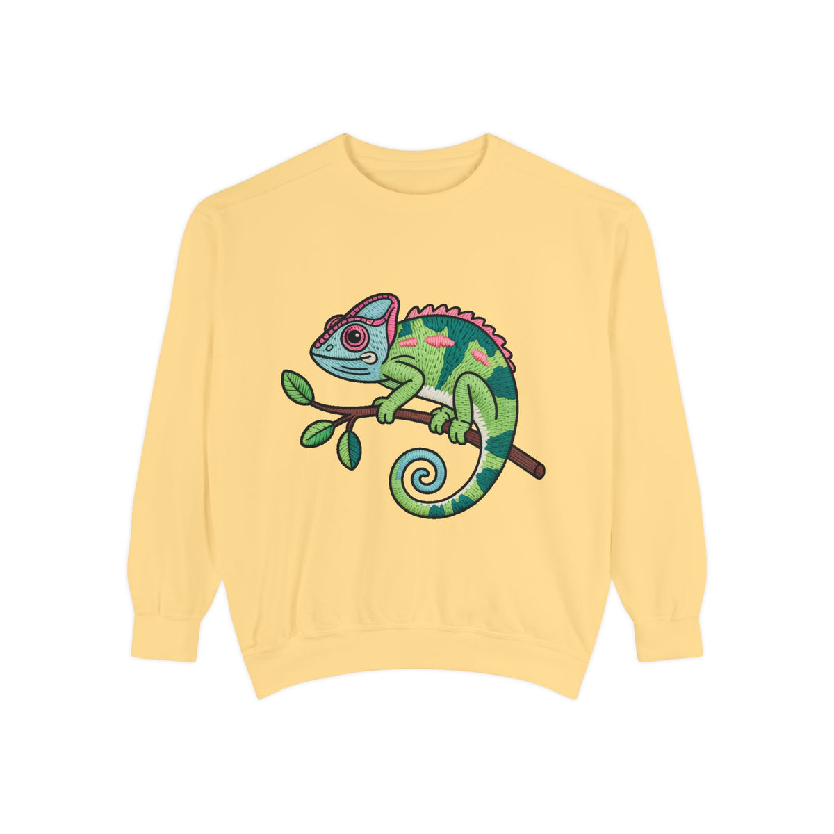 Chameleon Sweatshirt, Cute Embroidered Patch Style Crewneck, Reptile Lover Gift, Garment Dyed Sweatshirt for Nature Lovers