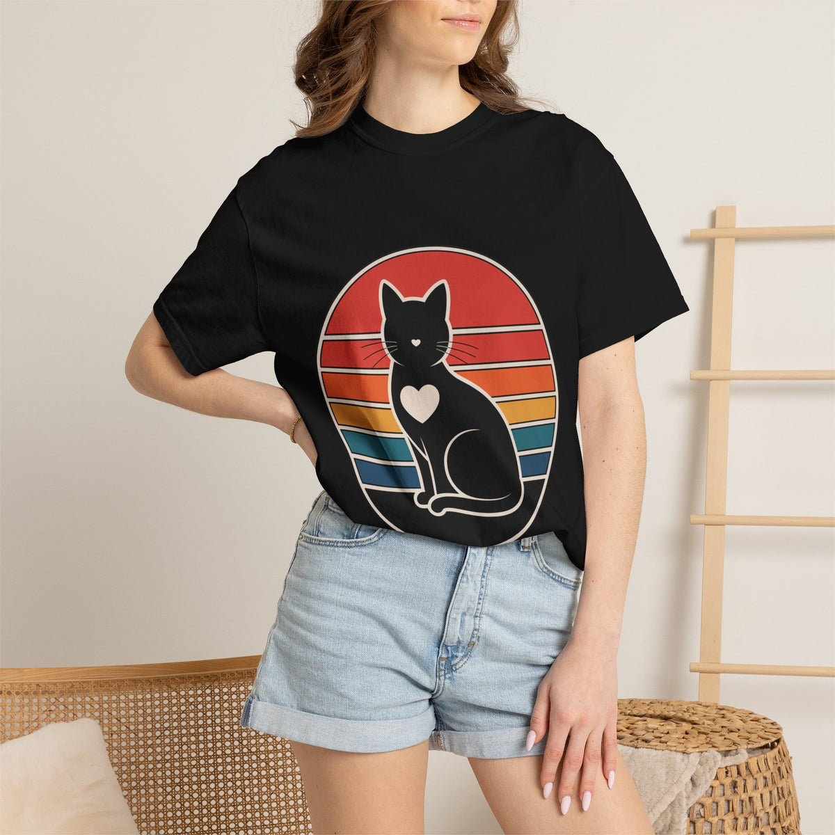 Cat Mom Sunset Badge Shirt, Retro Vintage Cat Lover T-Shirt, Minimalist Circular Badge Tee, Cute Cat Mom Gift