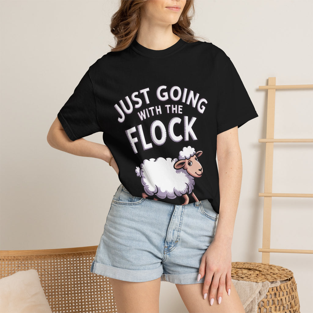 Funny Sheep T-Shirt, 'Just Going With The Flock' Shirt, Cute Cartoon Sheep Tee, Sarcastic Gift for Introverts