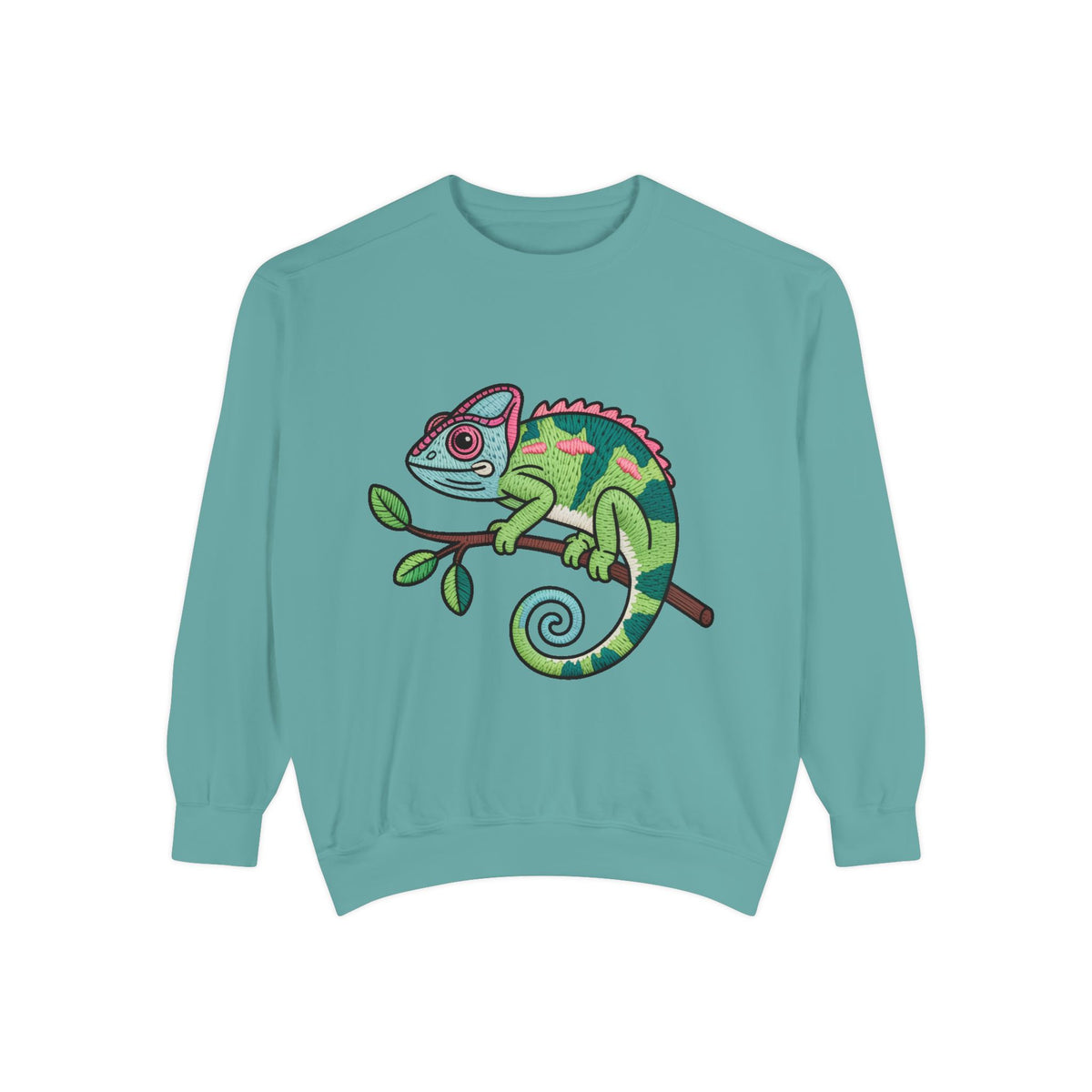 Chameleon Sweatshirt, Cute Embroidered Patch Style Crewneck, Reptile Lover Gift, Garment Dyed Sweatshirt for Nature Lovers