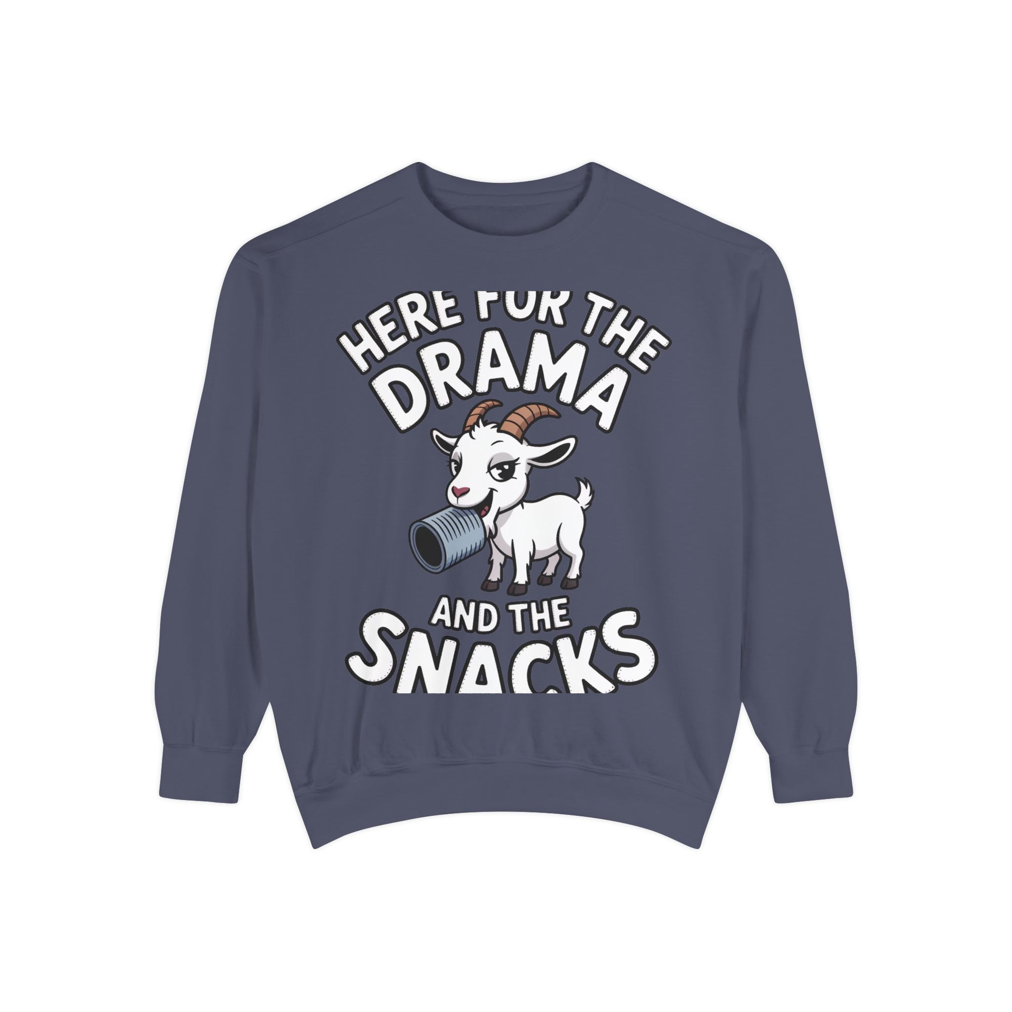 Funny Goat Sweatshirt, Here For The Drama And The Snacks Crewneck, Cute Goat Lover Gift, Embroidered Patch Style Sweatshirt